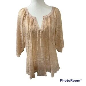 Vintage America Womens Peach Lace V-Neck Pleated 3/4 Sleeve Blouse Top Sz Large